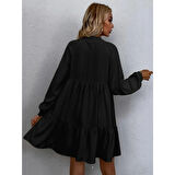 Lucky Life Kadın Uzun Kollu Yakadan Bağcıklı Fırfırlı Keten Mini Elbise