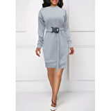 Lucky Life Kadın Uzun Kollu Bisiklet Yaka Kuşaklı Iki Iplik Elbise