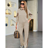 Lucky Life Kadın Uzun Kollu Leopar Detaylı Viskon Iki Iplik Eşofman Takımı