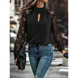 Lucky Life Kadın Uzun Kollu Göğüs Pencere Detay Yaka Boğazlı Kolları Tüllü Sandy Bluz