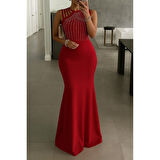 Lucky Life Kadın Omuz çoklu Askılı önü Taş Işlemeli Balık Kesim Janjan Krep Maxi Boy Elbise