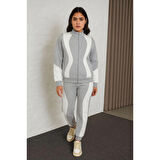 Premium Parçalı Eşofman Takım - Dik Yaka Fermuarlı Sweatshirt - Gri