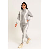 Premium Parçalı Eşofman Takım - Dik Yaka Fermuarlı Sweatshirt - Gri