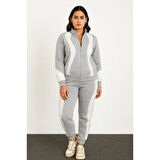 Premium Parçalı Eşofman Takım - Dik Yaka Fermuarlı Sweatshirt - Gri
