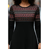 Lucky Life Lucky Life Kadın Uzun Kollu Bisiklet Yaka Etnik Desenli Kısa şardonlu Dalgıç Elbise