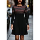 Lucky Life Lucky Life Kadın Uzun Kollu Bisiklet Yaka Etnik Desenli Kısa şardonlu Dalgıç Elbise