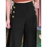 Lucky Life Kadın Yüksek Bel Yan Düğme Detaylı Geniş Paçalı Ithal Krep Pantolon