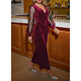 Lucky Life Kadın Uzun Kollu Kruvaze Yakalı Belden Kuşaklı Tül Detaylı Kadife Tulum