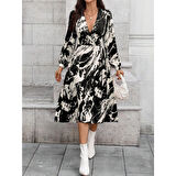 Lucky Life Kadın Uzun Kollu Kruvaze Yakalı Yandan Bağlamalı Desenli Mini Modal Elbise