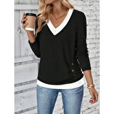 Lucky Life Kadın Uzun Kollu V Yakalı Yandan Düğmeli Yün Viskon Bluz