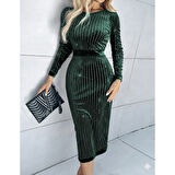 Lucky Life Kadın Uzun Kollu Bisiklet Yaka Taşlı Midi Kadife Elbise