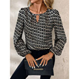 Lucky Life Kadın Uzun Kollu Damla Detaylı Yaka Desenli Süprem Bluz