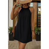 Lucky Life Kadın Daire Yakalı Omuzlardan Açık Sırt Dantel Detaylı Janjan Krep Elbise