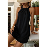 Lucky Life Kadın Daire Yakalı Omuzlardan Açık Sırt Dantel Detaylı Janjan Krep Elbise