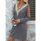 Lucky Life Kadın Uzun Kollu Omuzdan Açık V Dantel Yakalı Mini Waffle Elbise