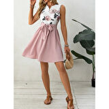 Lucky Life Kadın Sıfır Kollu V Yakalı çiçek Baskılı Beli Kuşaklı Dalgıç Elbise