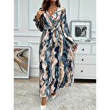 Lucky Life Kadın Uzun Kollu Kruvaze Yakalı Beli Kuşaklı Desenli Süprem Maxi Elbise