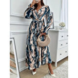 Lucky Life Kadın Uzun Kollu Kruvaze Yakalı Beli Kuşaklı Desenli Süprem Maxi Elbise