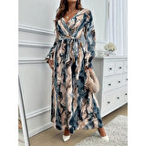 Lucky Life Kadın Uzun Kollu Kruvaze Yakalı Beli Kuşaklı Desenli Süprem Maxi Elbise