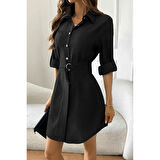 Lucky Life Kadın Uzun Kollu Yakalı önden Düğmeli Beli Kuşaklı Mini Ithal Keten Elbise