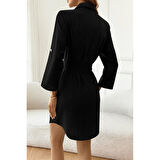 Lucky Life Kadın Uzun Kollu Yakalı önden Düğmeli Beli Kuşaklı Mini Ithal Keten Elbise