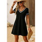 Lucky Life Kadın Kısa Kollu V çizgili Yakalı Kısa Viskon Elbise