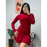 Lucky Life Kadın Uzun Kollu Balıkçı Yaka Mini Fırfırlı Sandy Elbise