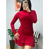 Lucky Life Kadın Uzun Kollu Balıkçı Yaka Mini Fırfırlı Sandy Elbise