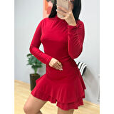 Lucky Life Kadın Uzun Kollu Balıkçı Yaka Mini Fırfırlı Sandy Elbise