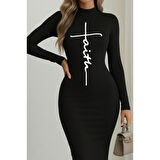 Lucky Life Kadın Uzun Kollu Boğazlı Baskı Detaylı Viskon Tam Boy Elbise