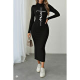 Lucky Life Kadın Uzun Kollu Boğazlı Baskı Detaylı Viskon Tam Boy Elbise