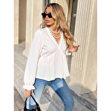 Lucky Life Lucky Life Kadın Uzun Kollu V Dantel Yaka Aerobin Bluz