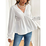 Lucky Life Lucky Life Kadın Uzun Kollu V Dantel Yaka Aerobin Bluz