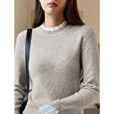 Lucky Life Kadın Uzun Kollu Fırfırlı Yakalı Triko Krem Bluz