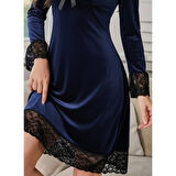 Lucky Life Kadın Uzun Kollu V Dantel Yakalı Mini Kadife Elbise