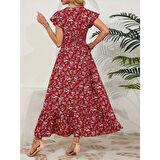 Lucky Life Kadın Kısa Kollu Kruvaze Yaka Beli Lastikli çiçek Desenli Elbise