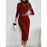 Lucky Life Kadın Uzun Kollu Balıkçı Yaka Yırtmaçlı Düğmeli şardonlu Kaşkorse Elbise