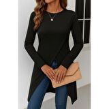 Lucky Life Kadın Uzun Kollu Bisiklet Yaka önden çapraz Kesim Detay Midi Viskon Bluz