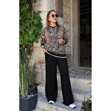 Lucky Life Kadın Uzun Kollu Bisiklet Yaka Leopar Desenli Iki Iplik Bluz Ve Viskon Iki Iplik Pantolon Ikili Takım