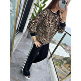Lucky Life Kadın Uzun Kollu Bisiklet Yaka Leopar Desenli Iki Iplik Bluz Ve Viskon Iki Iplik Pantolon Ikili Takım