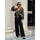 Lucky Life Kadın Uzun Kollu Kruvaze Yakalı Belden Kuşaklı üst Dalgıç Alt Ithal Krep Tulum