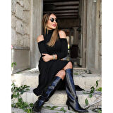 Lucky Life Kadın Balıkçı Yaka Omuzlardan Açık Uzun Kollu Janjan Krep Elbise