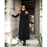 Lucky Life Kadın Balıkçı Yaka Omuzlardan Açık Uzun Kollu Janjan Krep Elbise