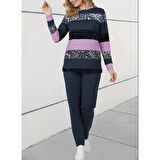 Lucky Life Kadın Uzun Kollu Bisiklet Yaka çizgili Desen Iki Iplik Bluz Ve Pantolon Ikili Takım