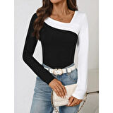 Lucky Life Kadın Uzun Kollu Geometrik Yaka Detaylı çift Renkli Viskon Bluz