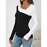 Lucky Life Kadın Uzun Kollu Geometrik Yaka Detaylı çift Renkli Viskon Bluz