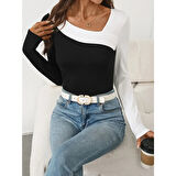 Lucky Life Kadın Uzun Kollu Geometrik Yaka Detaylı çift Renkli Viskon Bluz