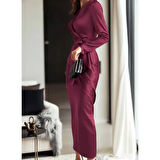 Lucky Life Kadın Uzun Kollu Kruvaze Yakalı Beli Kuşaklı Uzun Saten Elbise