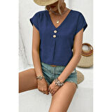 Lucky Life Kadın Kısa Kollu V Yakalı Düğmeli Keten Bluz