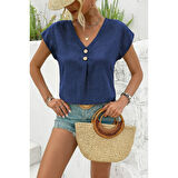 Lucky Life Kadın Kısa Kollu V Yakalı Düğmeli Keten Bluz